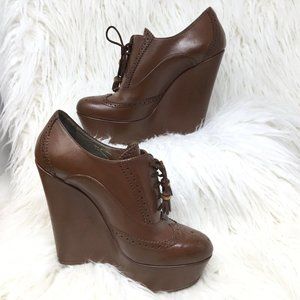 Gucci Oxford Platform Wedge Heels Lace Up W/ Tassels Brown  Size 38 US 8 READ
